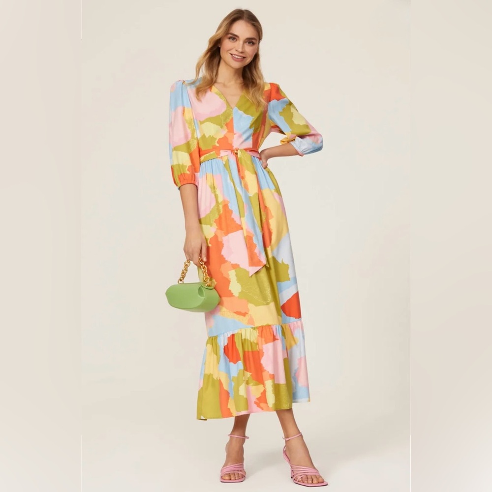 Donna Morgan Multicolored Puff Sleeve Dress Size 10